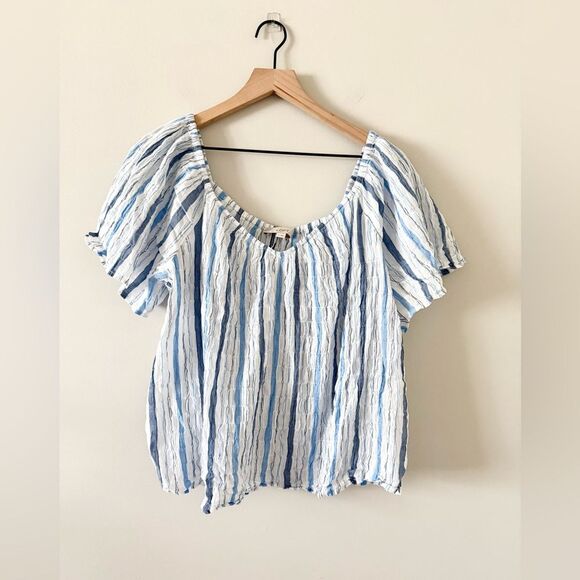 LOFT Sweetheart Neck Cotton Blend Top in Blue Multi Stripe - Size XL - Picture 3 of 7